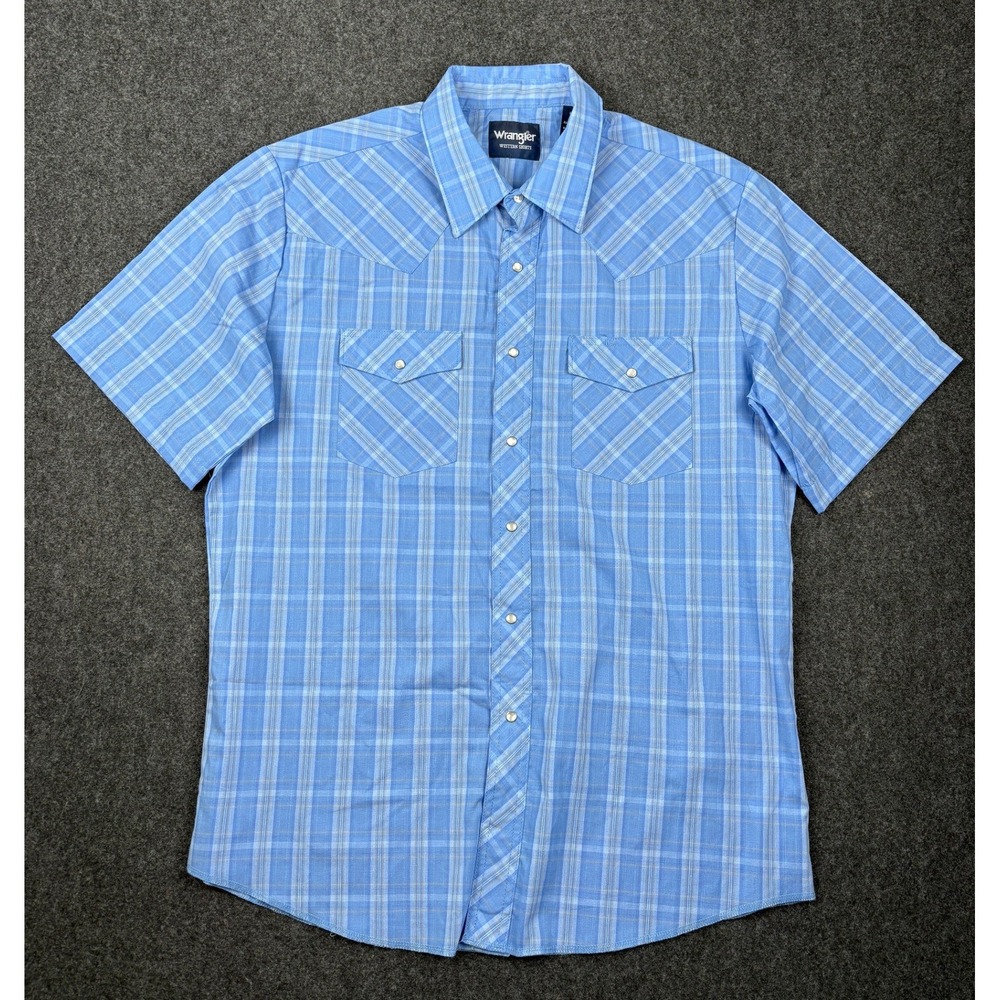 Wrangler Western Shirt Mens Large Blue Plaid Pearl Snap Short Sleeve Yoke Pocket